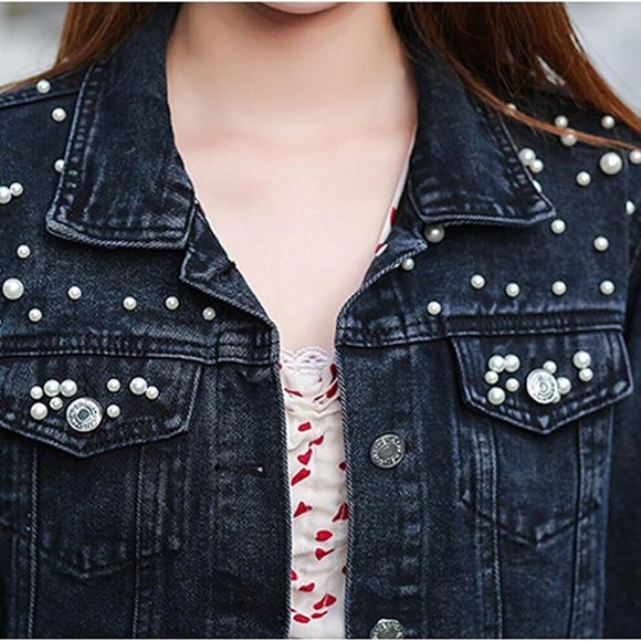 Womens Wash Denim Jackets Large Black White Mid Length Decorated With Pearls - Picture 3 of 16